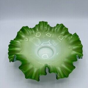 Ruffled Green and White Bowl, Blown Glass Art